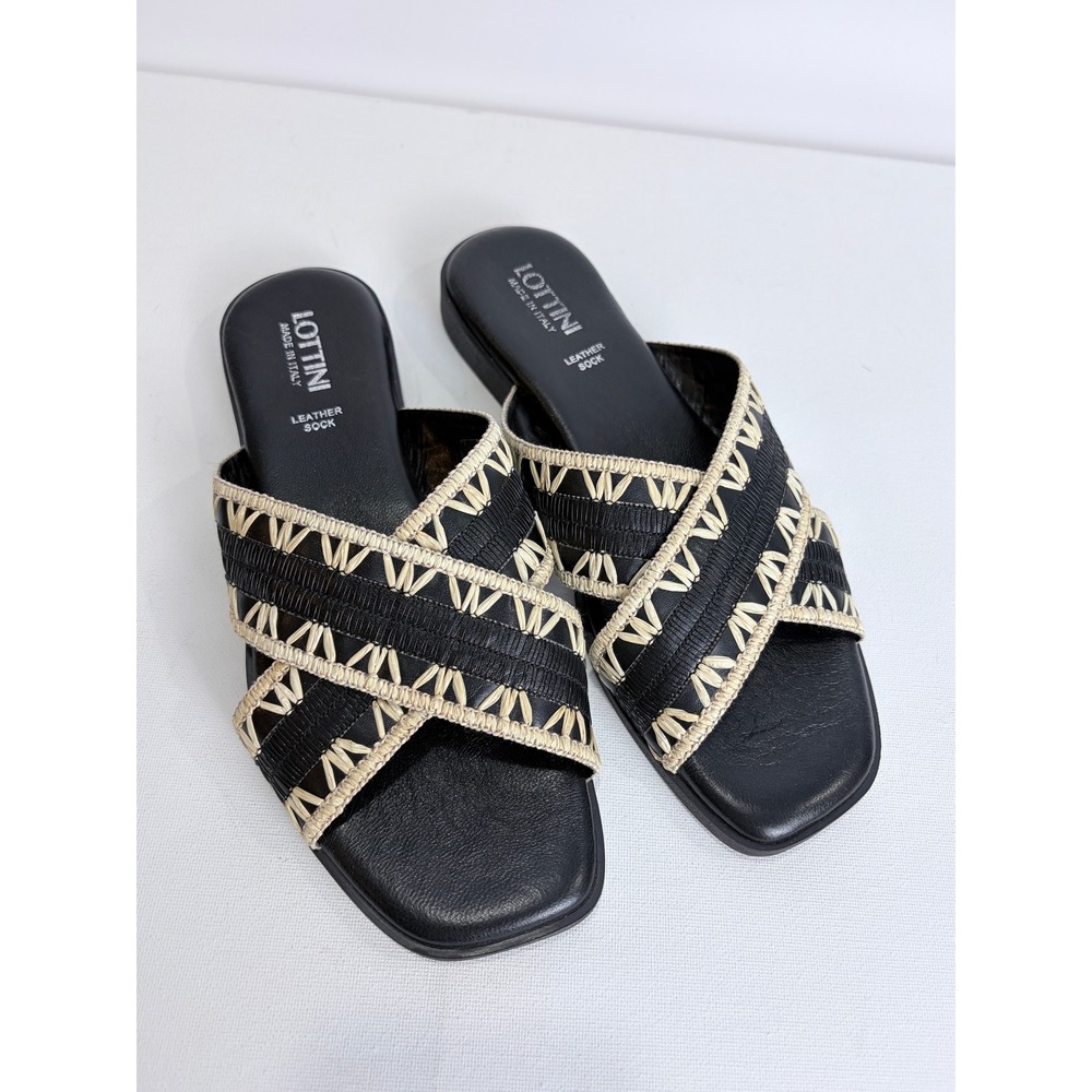 Lottini Black Leather Woven Slide Sandals Italy EU‎ 38 Minimal Artisan Resort
